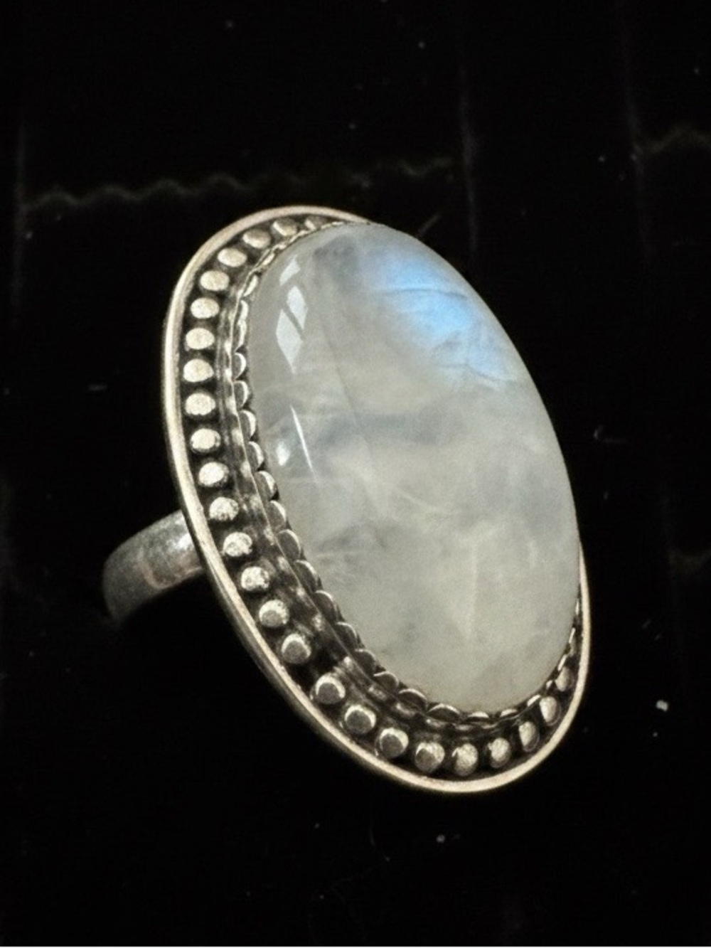 Sterling Silver genuine Moonstone Oval Statement Ring‎ - White/Blue Sheen